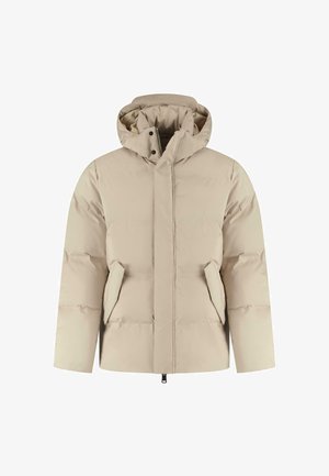 Beżowa kurtka puchowa z kapturem, zapięcie na zamek z przodu i dwie boczne kieszenie. Posiada teksturowany, pikowany wzór dla lepszej izolacji.