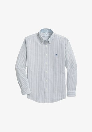 Heren overhemd met lange mouwen, grijze verticale strepen, knoopkraag en klein marineblauw geborduurd logo op de linkerborst.