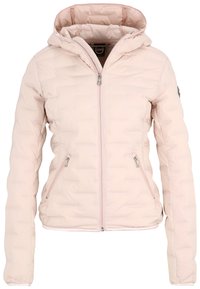 Veste rembourrée rose clair avec capuche, fermeture éclair à l'avant et poches latérales. Présente une texture matelassée avec une finition lisse.