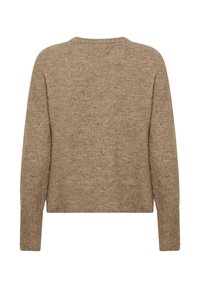 Bruine trui met een gestructureerde afwerking, voorzien van een ronde hals, lange mouwen en een cropped zoom. Het materiaal lijkt zacht en comfortabel te zijn.