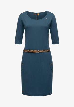 Niebieska sukienka z krótkim rękawem wykonana z mieszanki bawełny, z okrągłym dekoltem, dwiema bocznymi kieszeniami z guzikami oraz plecionym brązowym pasem.