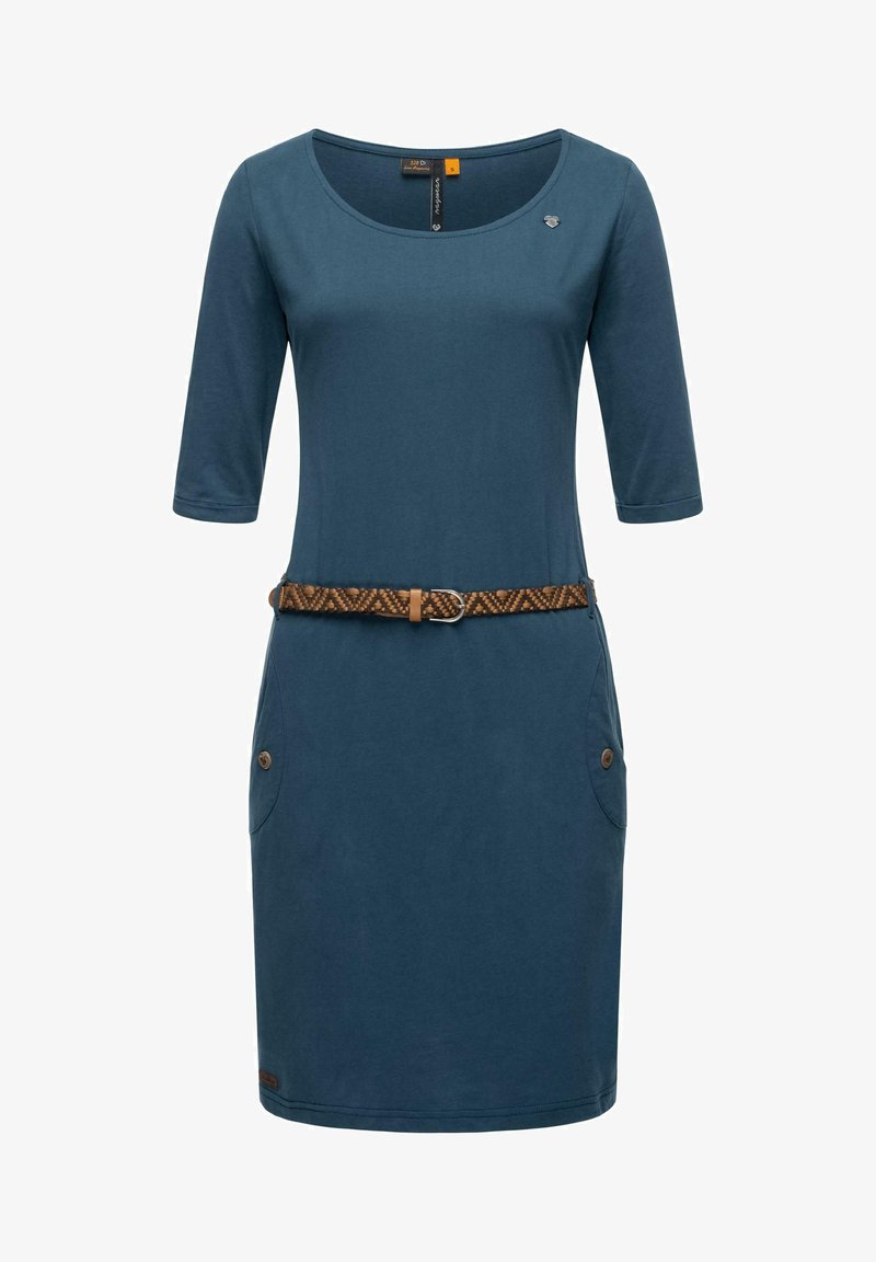 Niebieska sukienka z krótkim rękawem wykonana z mieszanki bawełny, z okrągłym dekoltem, dwiema bocznymi kieszeniami z guzikami oraz plecionym brązowym pasem.