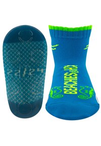 Blaue Knöchelsocke mit grünem geripptem Bund und gelben Akzenten; strukturierte blaue Sohle mit kreisförmigen Griffmustern; verfügt über ein stilisiertes Seepferdchen-Design.