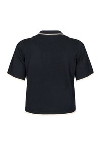 Marinblå polo med korta ärmar, prydd med en kontrasterande krämfärgad kant längs kragen och ärmsluten. Mjuk textur, avslappnad passform.