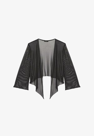 Schwarzer, transparenter Kimono-Cardigan mit langen, fließenden Ärmeln und offenem Vorderteil, aus leichtem, strukturiertem Netzstoff.