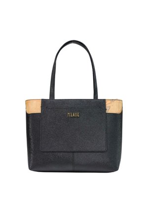 Borsa a mano nera strutturata con dettagli beige agli angoli, doppi manici e tasca frontale con piccolo logo del marchio dorato.