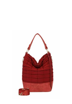 Rode gewatteerde schoudertas met een getextureerde onderkant, enkele handgreep bovenaan en afneembare verstelbare riem met goudkleurige details.