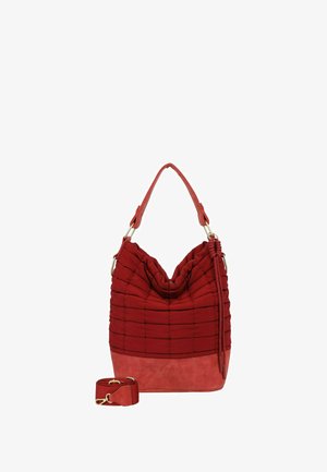 Borsa a spalla rossa imbottita con fondo strutturato, manico superiore singolo e tracolla regolabile e removibile con dettagli in metallo tono oro.