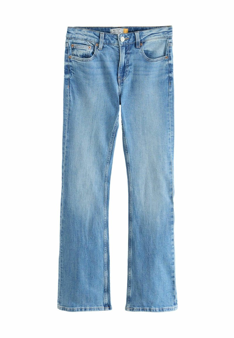 Vaaleansiniset bootcut-farkut, joissa on keskikorkea vyötärö, viisi taskua ja pronssiset yksityiskohdat. Farkuissa on kevyt kuluminen ja siisti ommel.