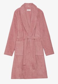 Rosa frotté badekåpe med sjalkrage, waist tie og to frontlommer. Myk tekstur og middels lengde for komfort.
