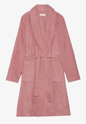Pink terry cloth bathrobe with a shawl collar, waist tie, and two front pockets. Soft texture and mid-length cut for comfort.