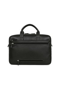 Zwarte leren aktetas met dubbele handvatten, ritssluitingen en twee voorzakken. Heeft een gladde textuur en een strak rechthoekig ontwerp.