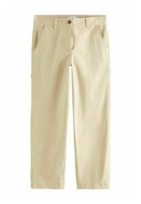 Beige katoenen broek met een rechte pasvorm, voorzien van zijzakken en een single knoopsluiting bij de taille. Glad textuur.