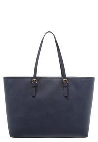 Borsa a tracolla blu navy realizzata in materiale sintetico testurizzato, con due manici lunghi, forma rettangolare e dettagli in hardware color oro.