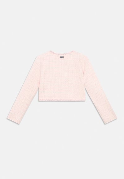 Ροζ παστέλ κοντό τοπ με μακριά μανίκια από υφασμάτινη υφή με διακριτικό καρό μοτίβο. Στρογγυλή λαιμόκοψη με ελαφρώς ξεφτισμένο τελείωμα.