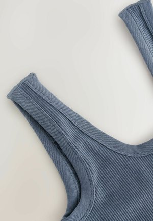 Blue ribbed tank top with wide shoulder straps, featuring a soft texture and finished edges, laid flat against a light background.