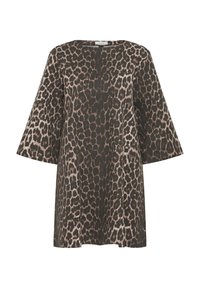 Tunika mit Leopardenmuster, die einen lockeren Schnitt, einen runden Ausschnitt und weite Glockenärmel bietet. Der Stoff zeigt eine Mischung aus dunklen Brauntönen und Beige.