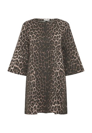 Tunika mit Leopardenmuster, die einen lockeren Schnitt, einen runden Ausschnitt und weite Glockenärmel bietet. Der Stoff zeigt eine Mischung aus dunklen Brauntönen und Beige.