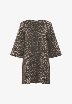 Tunika mit Leopardenmuster, die einen lockeren Schnitt, einen runden Ausschnitt und weite Glockenärmel bietet. Der Stoff zeigt eine Mischung aus dunklen Brauntönen und Beige.