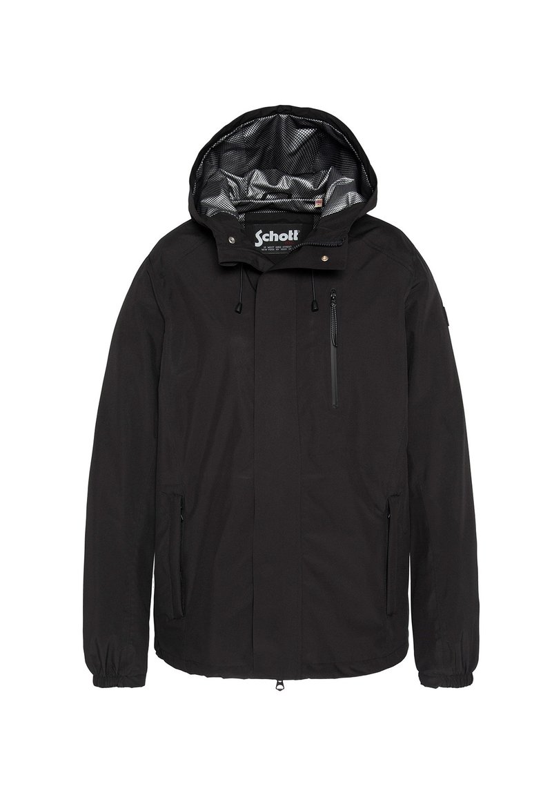 Chaqueta negra impermeable con capucha, cierre frontal con cremallera, puños elásticos y bolsillos laterales. El interior forrado presenta un patrón de malla.