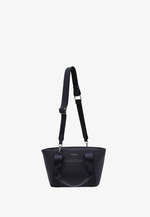 Zwarte leren handtas met korte handvatten en een verstelbare, afneembare schouderriem met het merk "DIANA&CO PARIS".