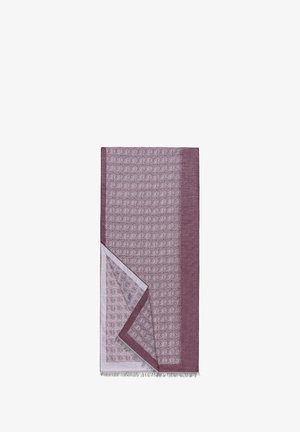 Burgunder- und weißes gewebtes Textil mit einem geometrischen Quadrat-Muster. Beendete Kanten mit Fransen, weiche Textur, rechteckige Form.