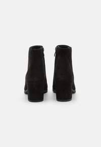 Stivaletti neri in suede con tacco a blocco, dotati di una chiusura con zip sul retro e una superficie liscia e testurizzata.