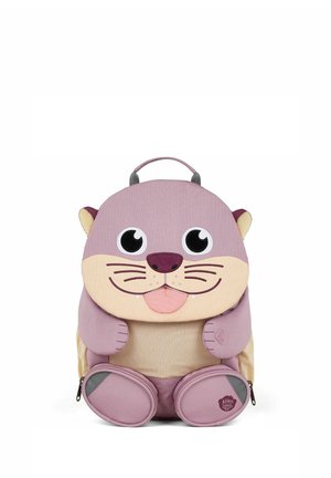 Children's backpack shaped like a smiling purple and beige otter with large eyes, whiskers, and zippered paw compartments.