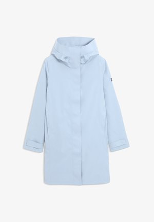 Light blue, knee-length raincoat with a high collar, hood secured by two buttons, long sleeves with adjustable cuffs, and front pockets.