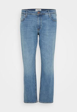 Blue straight-leg denim jeans with a button and zip fly, front and back pockets, and visible stitching on a white background.