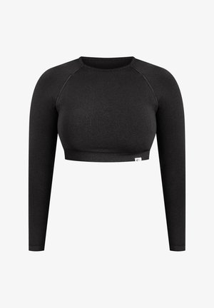 Musta pitkähihainen crop-top, joka on valmistettu joustavasta kankaasta. Tässä on pyöreä pääntie, ribbaus helman alueella ja sileä tekstuuri, jossa on vain minimaalista yksityiskohtaa.