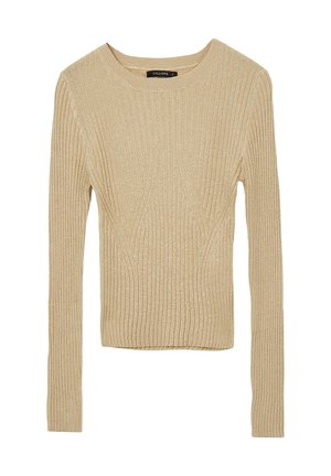 Beige geripptes Strickpullover mit langen Ärmeln, Rundhalsausschnitt und subtilen Strukturmustern. Das Etikett im Halsbereich ist sichtbar und trägt die Aufschrift "CALLIOPE."