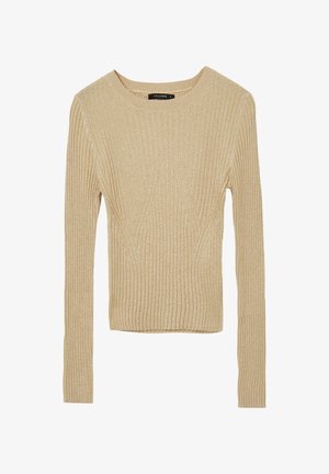 Pull en maille côtelée beige avec des manches longues, un col rond et des motifs de texture subtils. L'étiquette visible à l'intérieur du col indique "CALLIOPE."