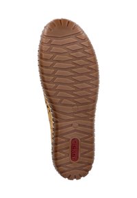 Gummisohle mit einem strukturierten Grip-Muster, braune Farbe und roten Branding. Verfügt über ein Zickzack-Design für Traktion und Langlebigkeit.