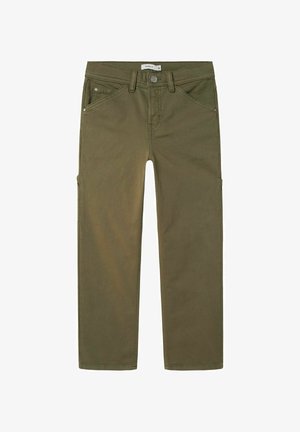 Olíva zöld pamut keverék anyagból készült nadrág, egyenes szárú kivitelben, elülső zsebekkel és fém záróelemmel.