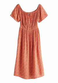 Robe midi florale orange avec manches courtes bouffantes, encolure et taille élastiquées, présentant un motif de losanges répétitif.