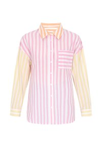 Camicia a righe button-up nei colori rosa, giallo e bianco. Maniche lunghe, tessuto morbido, colletto e taschino frontale con righe orizzontali.