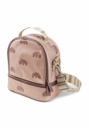Borsa pranzo isolata rosa con motivo elefante, chiusura a zip, manico corto e tracolla regolabile a righe; realizzata in tessuto resistente.
