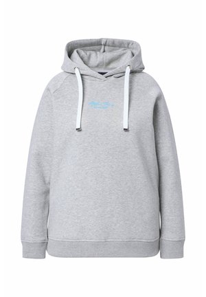 Sweat à capuche gris clair avec cordons blancs et petit logo script bleu centré sur la poitrine, avec poignets et ourlet côtelés.