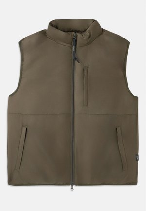 Sleeveless brown padded vest with front zipper, two lower pockets, and one vertical chest pocket, displayed flat on a white background.