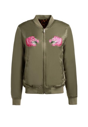 Olivgrüne Bomberjacke mit Frontreißverschluss, gerippten Bündchen und Saum, mit zwei pink bestickten Tigerköpfen auf der Brust.