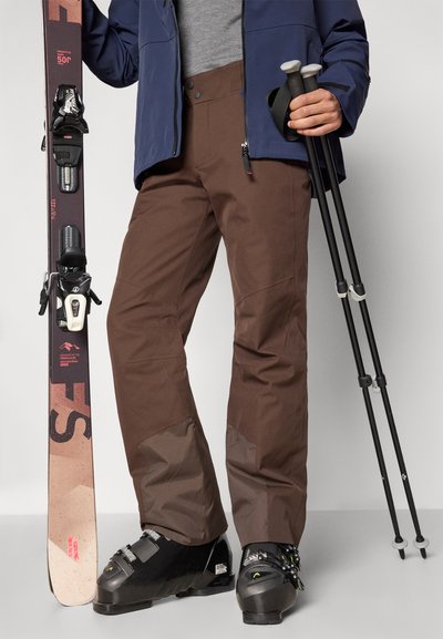 Bruna skidbyxor med kontrasterande tygaccenter, kombinerade med svarta skidstövlar och en skida. Användaren håller i vandringsstavar och har en blå jacka på sig.