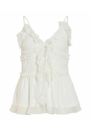 Blouse blanche sans manches avec bords à volants, bretelles spaghetti et détail noué à l'avant, avec un ourlet fluide et superposé.