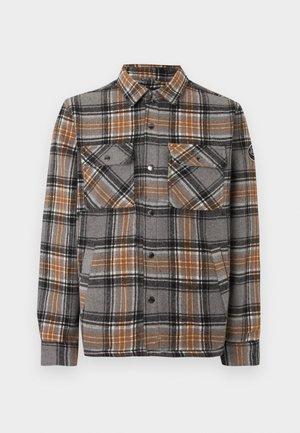 Gray, black, and brown plaid button-up shirt with two flap chest pockets and a collar, displayed on a white background.