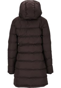 Brązowa kurtka puchowa z kapturem, o pikowanym wzorze, prostym kroju i elastycznych mankietach. Widok z tyłu pokazuje ogólny kształt i teksturę.