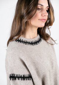 Beige Wollpullover mit strukturiertem Finish, rundem Ausschnitt und schwarzem dekorativem Stich entlang des Kragens und der Ärmel.