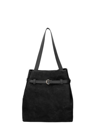 Schwarze Wildleder-Shopper-Tasche mit dünnen Schulterriemen und einem schmalen Lederband mit einer kleinen silbernen Schnalle oben vorne.