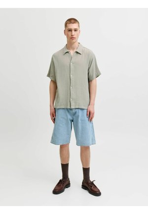 Fiatal férfi áll, világosszürke rövid ujjú, gombos ingben, világoskék farmer rövidnadrágban, sötét zokniban és barna cipőben.