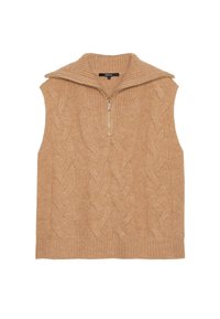 Veste sans manches camel en maille torsadée avec col à demi-fermeture éclair, ourlet côtelé et motif en tricot texturé.