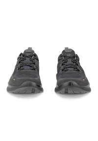 Black athletic shoes with a mesh and suede upper, featuring a textured pattern, lace-up design, and a rubber sole with traction grooves.